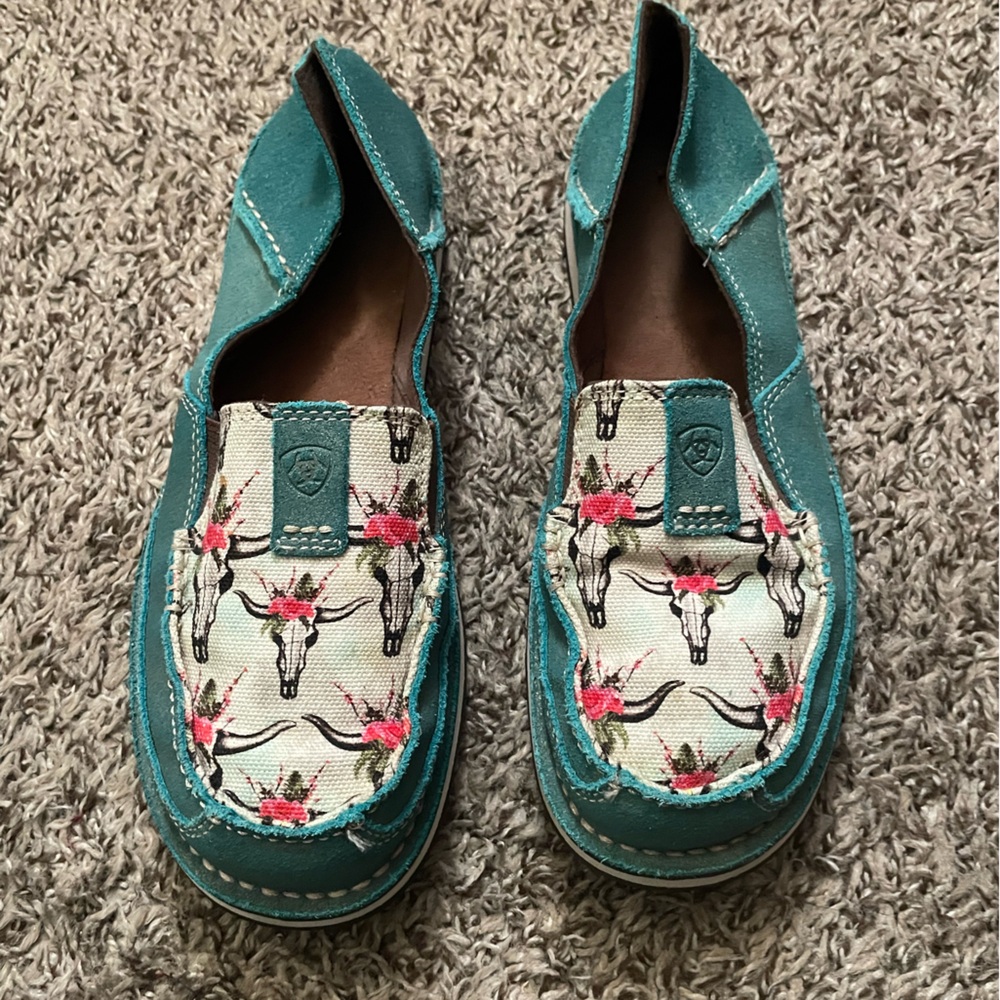 Ariat Turquoise Canvas Slip-On Shoes with Floral Skull Print